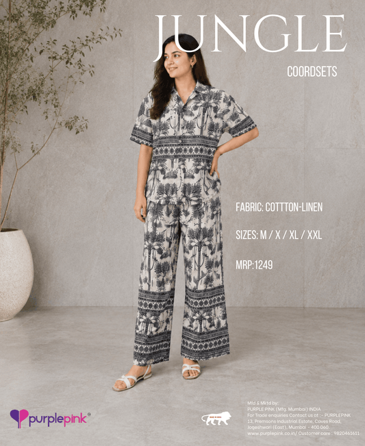 Grey & White Botanical Printed Shirt Co-Ord Set