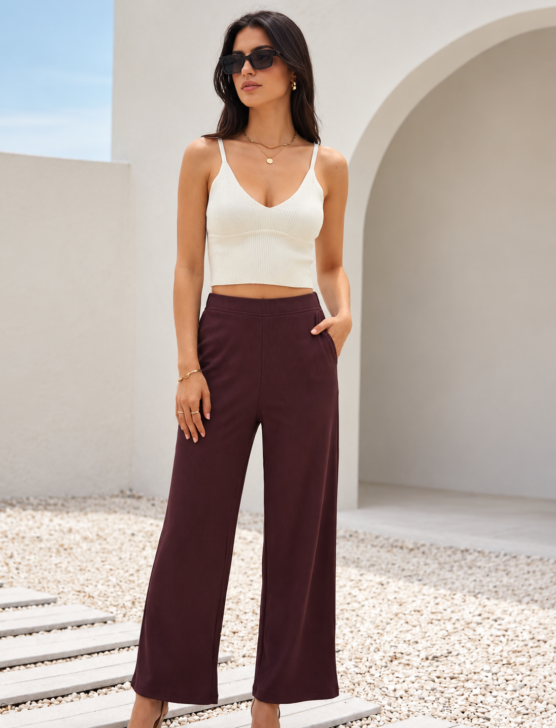 Plum Ribbed Wide-Leg Free Size Pants
