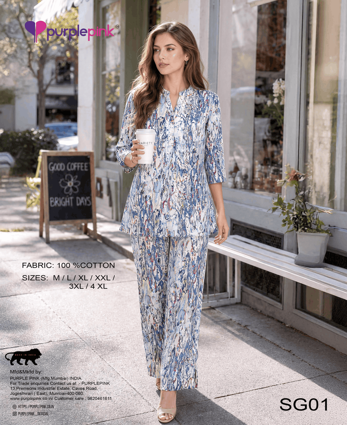 Blue & White Printed Cotton Co-Ord Set
