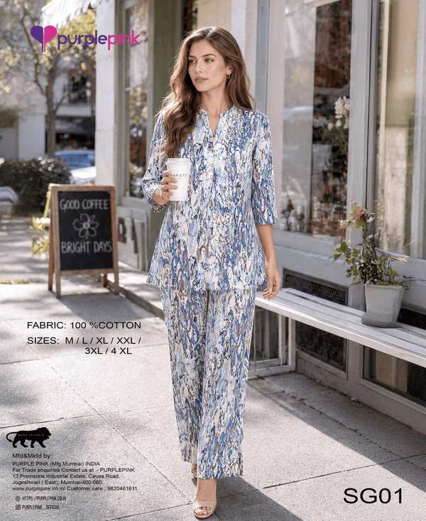 Blue & White Printed Cotton Co-Ord Set