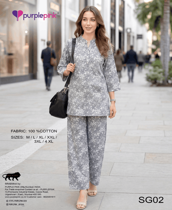 Grey & White Floral Printed Cotton Co-Ord Set