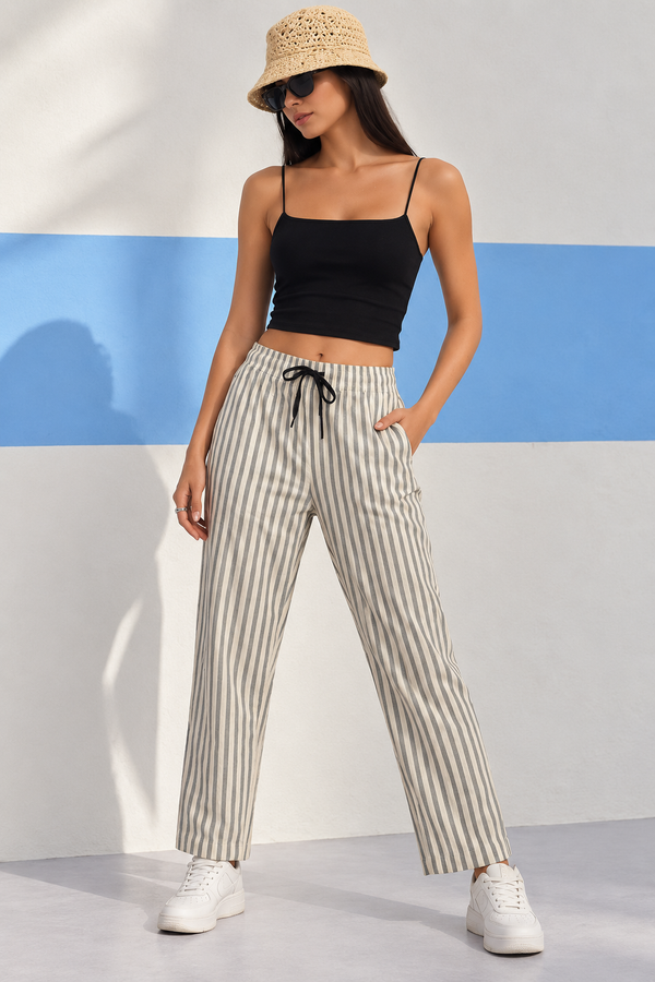 Grey & Ivory Striped Wide-Leg Drawstring Trousers